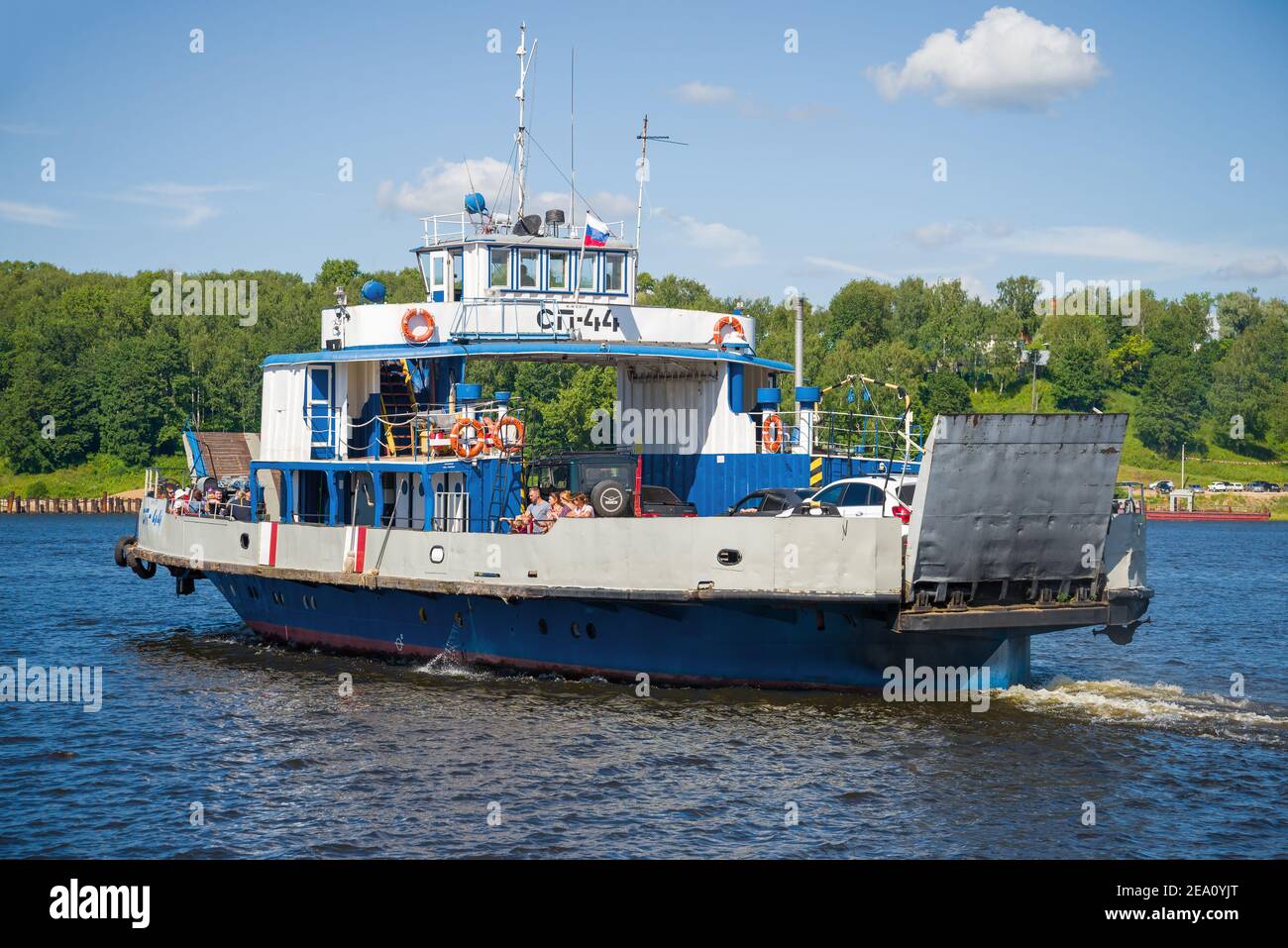 TUTAEV, RUSSIA - JULY 14, 2016: Self-propelled cargo-passenger river ferry 'SP-44' on the Volga river close-up Stock Photo