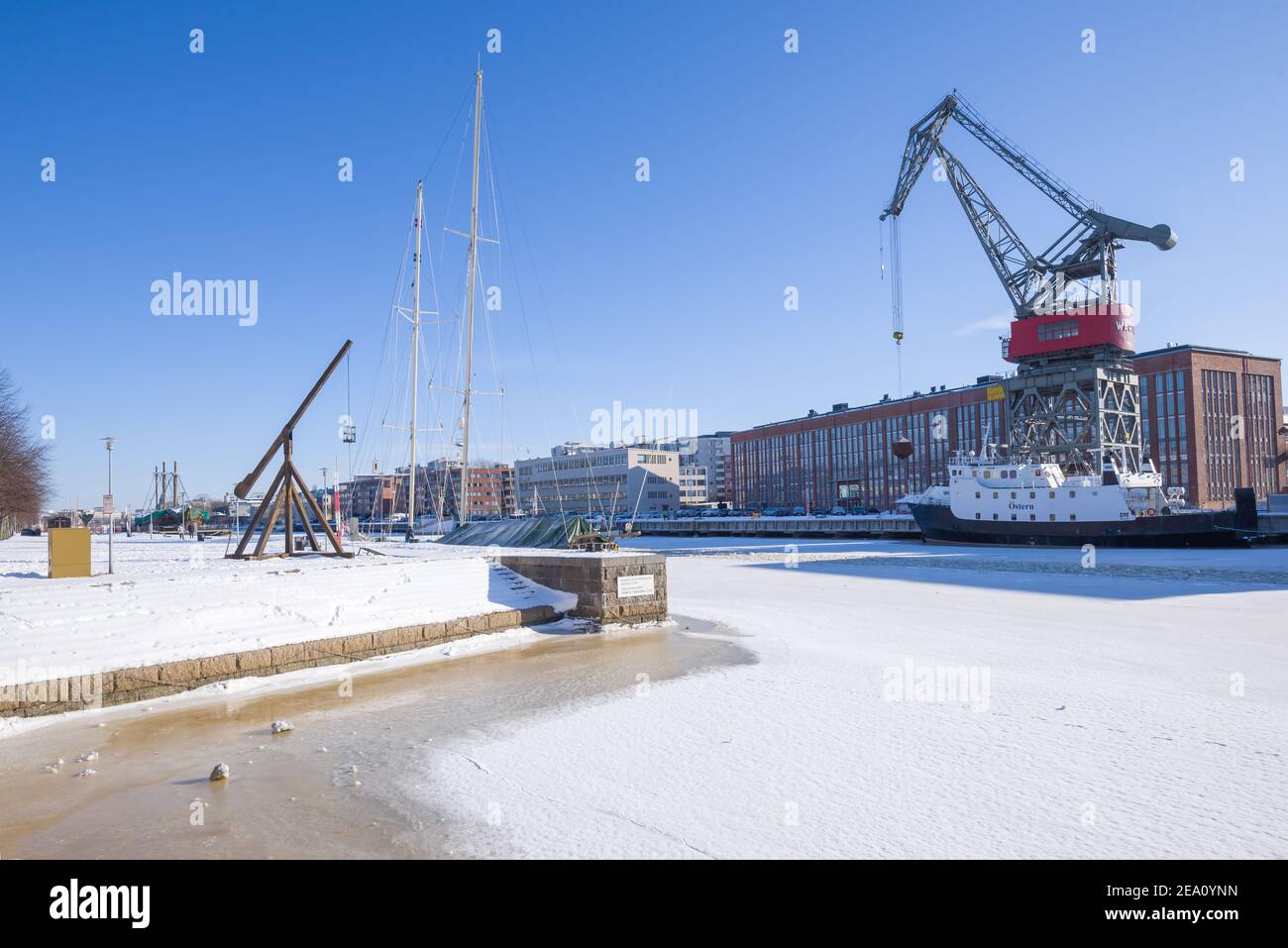 TURKU, FINLAND - FEBRUARY 23, 2018: Sunny February day on the Aurajoki river Stock Photo