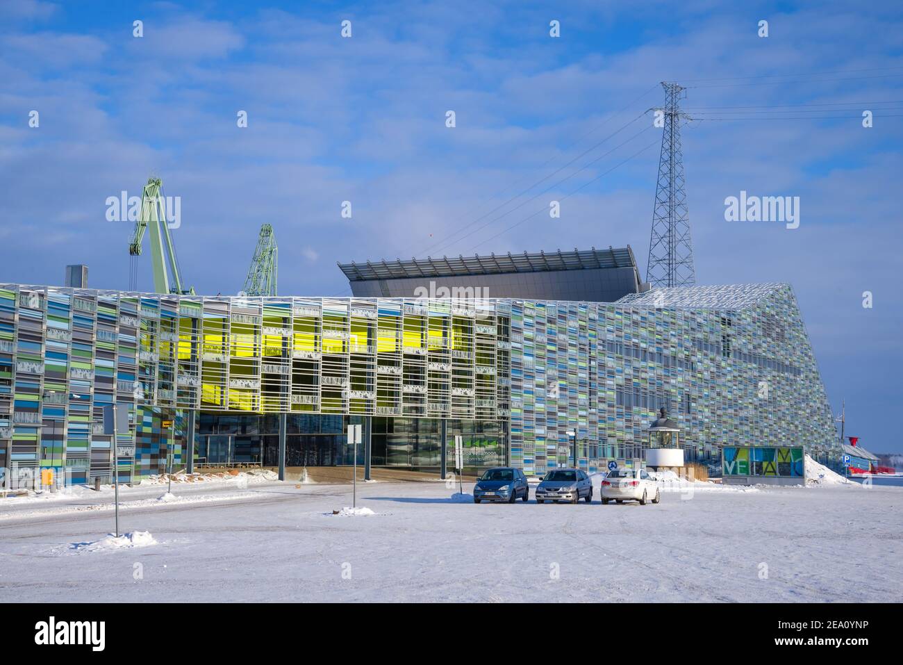KOTKA, FINLAND - FEBRUARY 25, 2018: At the entrance to the maritime center Vellamo in February afternoon Stock Photo