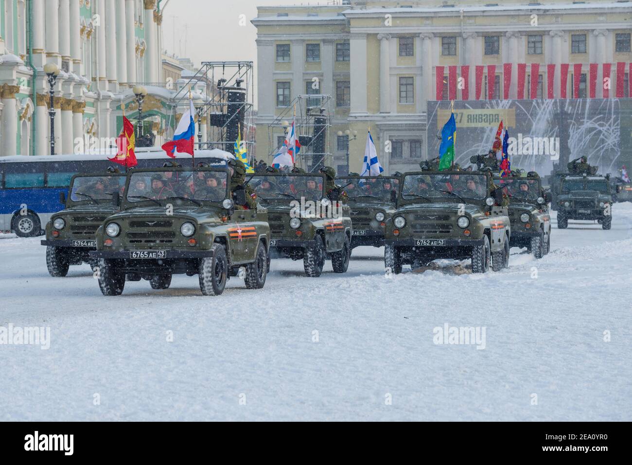 ST. PETERSBURG, RUSSIA - JANUARY 24, 2019: Banner group on UAZ military vehicles on a military parade in honor of the lifting of the siege of Leningra Stock Photo