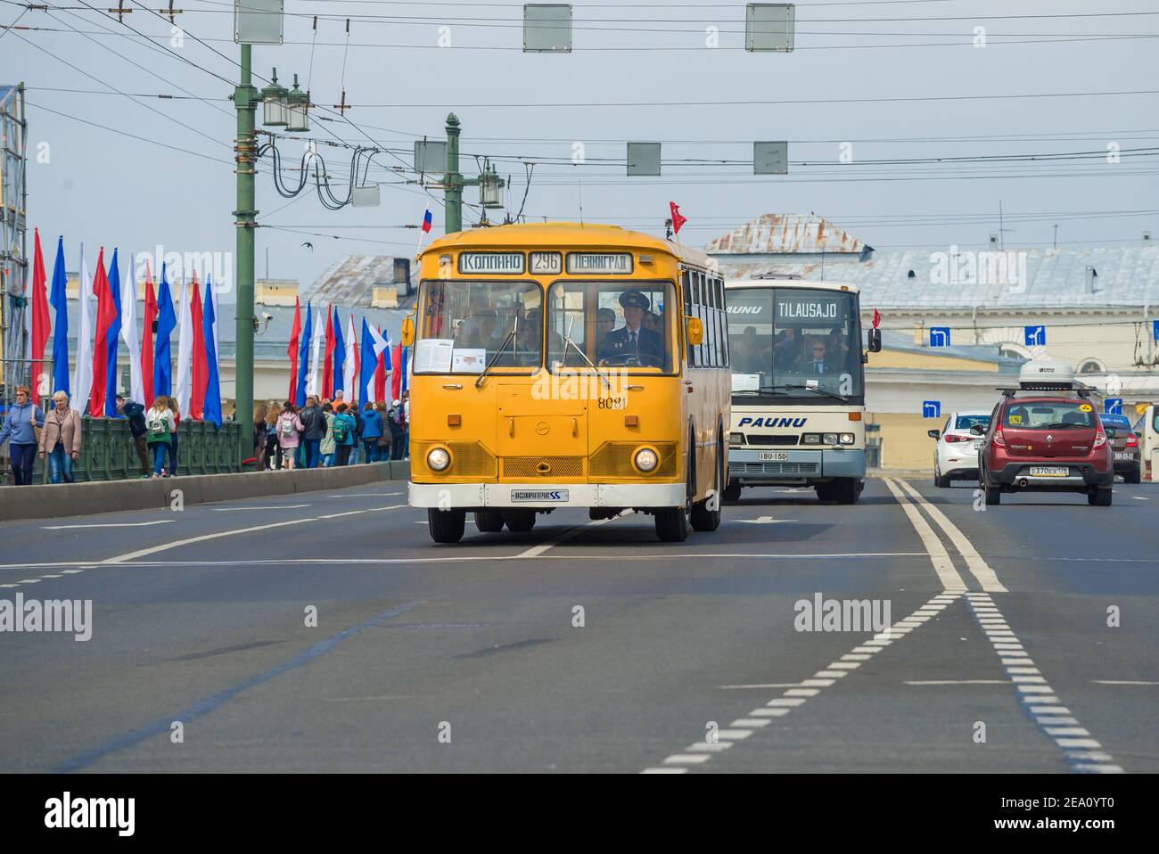 SAINT PETERSBURG, RUSSIA - MAY 25, 2019: Soviet city bus LiAZ-677M in a convoy of retro transport Fragment of the retro parade in honor of the City Da Stock Photo