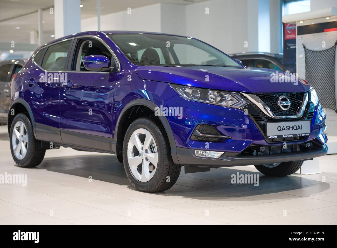 ST. PETERSBURG, RUSSIA - JULY 09, 2019: New blue Nissan Qashqai close-up in showroom of official dealer Stock Photo
