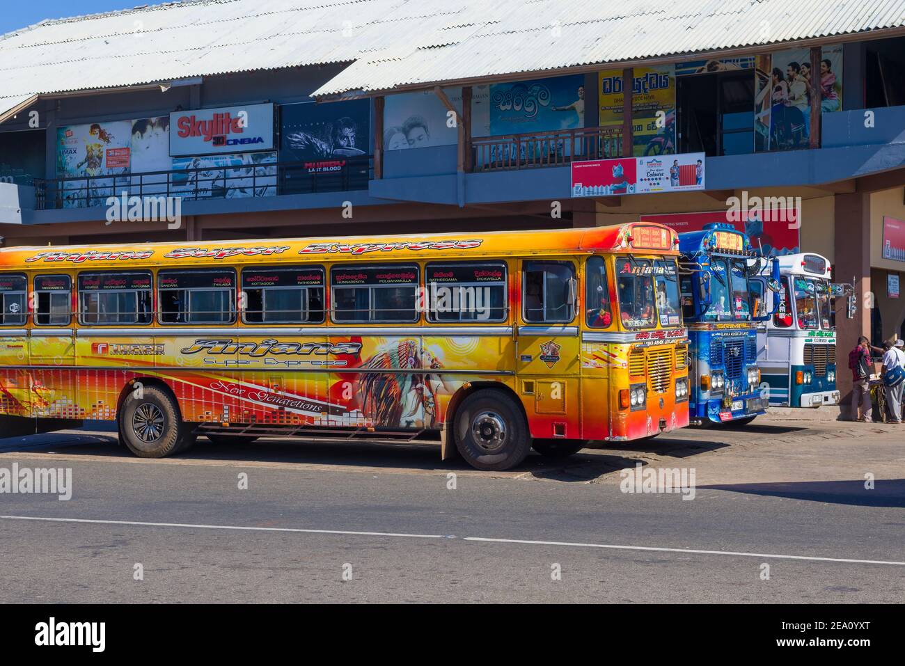 MATARA, SRI LANKA - FEBRUARY 17, 2020: Multicolored Sri Lankan buses in front of the city bus station Stock Photo