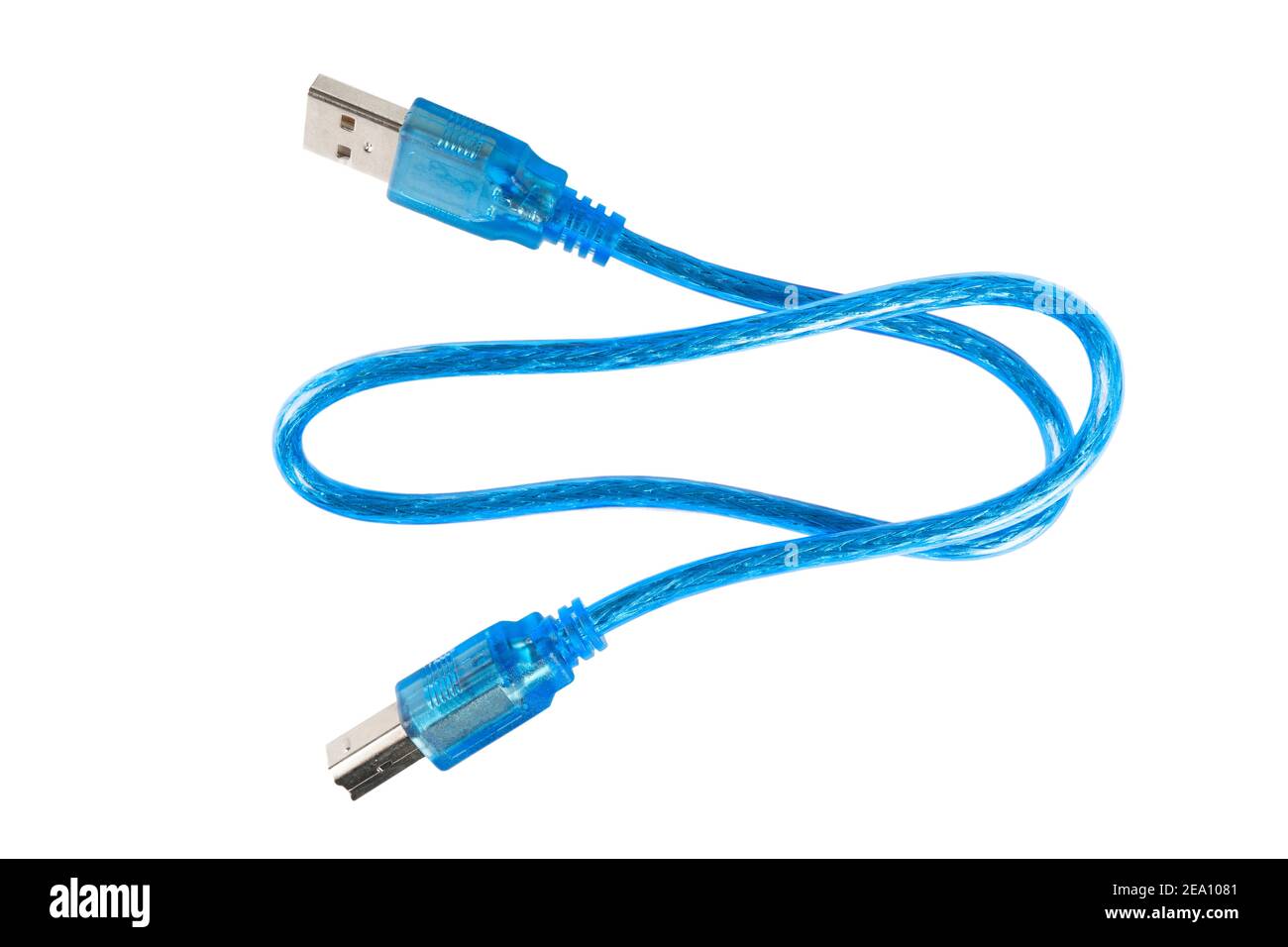 Close up blue USB cable plug isolated on white background. USB data and power cable isolated on white. Stock Photo