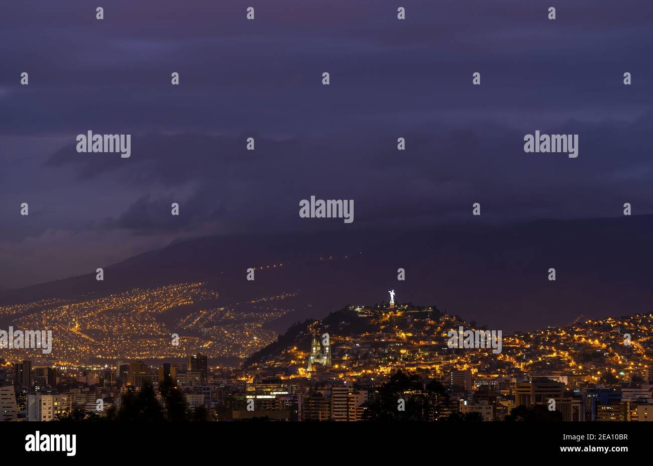 Night skyline of Quito with the Panecillo Hill and Apocalyptic Virgin Mary of Quito, Ecuador. Stock Photo