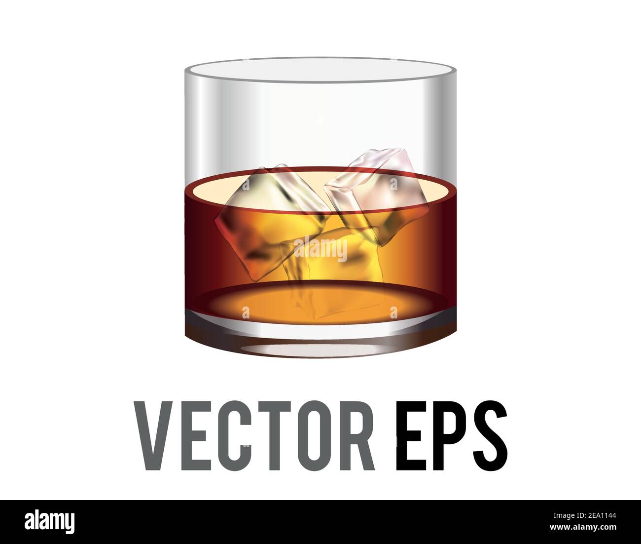The isolated vector short flat tumbler glass of brown liquor Scotch whiskey icon with ice cube Stock Vector