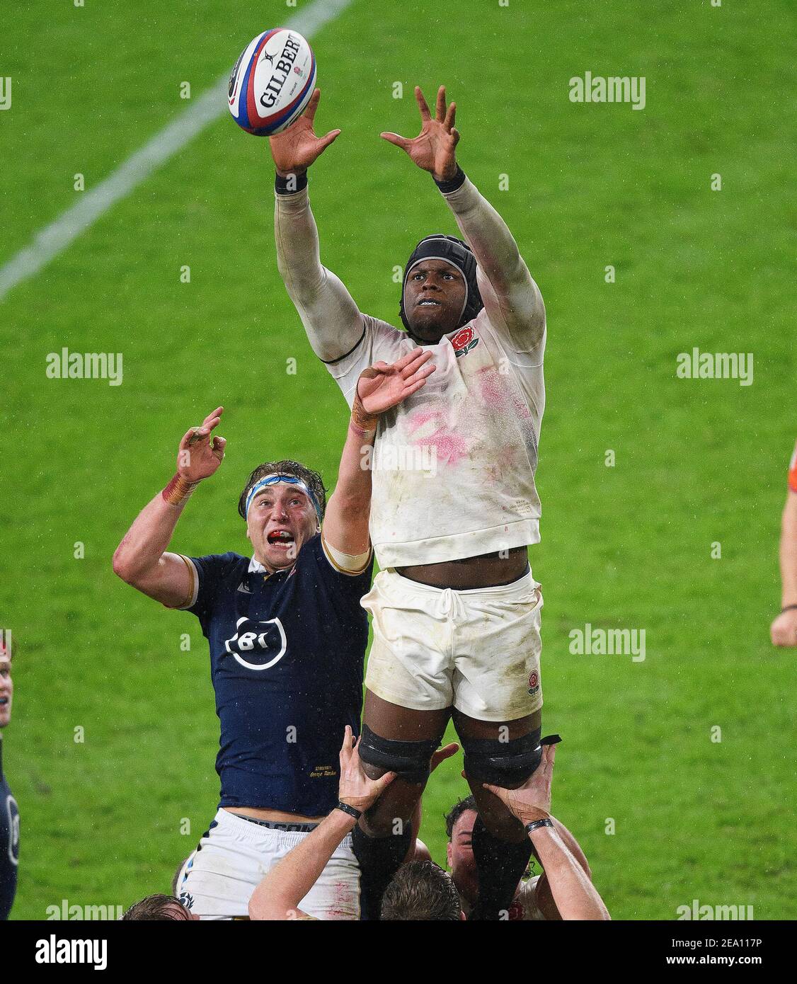 Twickenham, UK. 06th Feb, 2021. Twickenham Stadium, London 6th Feb 2021 England's Maro Itoje battles for the ball with George Turner during their Six Nations match against Scotland. Picture Credit : Credit: Mark Pain/Alamy Live News Stock Photo
