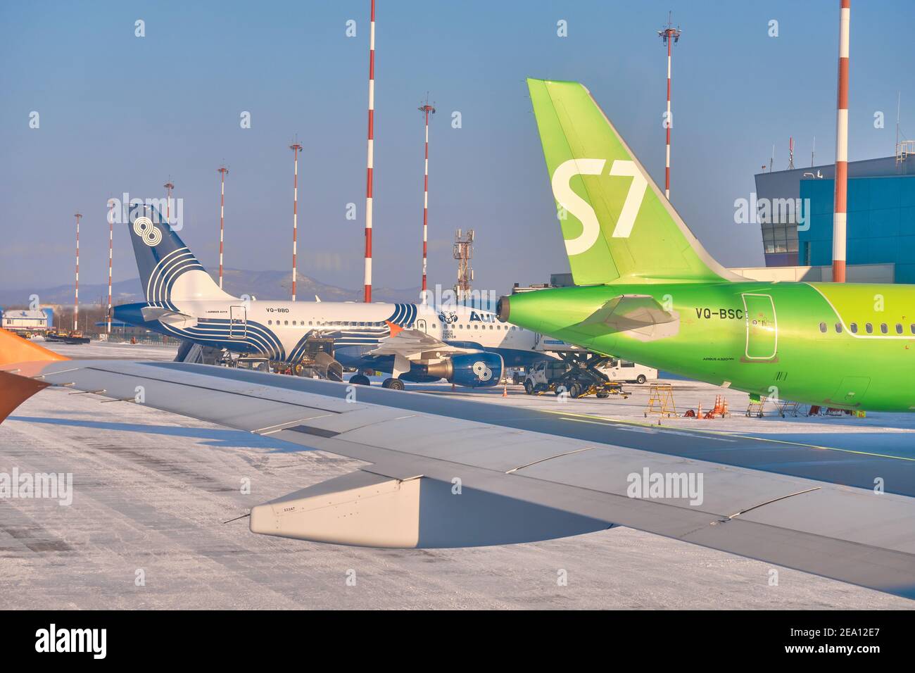 Vladivostok, RUSSIA - Jan 30, 2021: Aircraft Airbus A320neo VQ-BRB S7 airline lands at the airport of Khabarovsk. Stock Photo