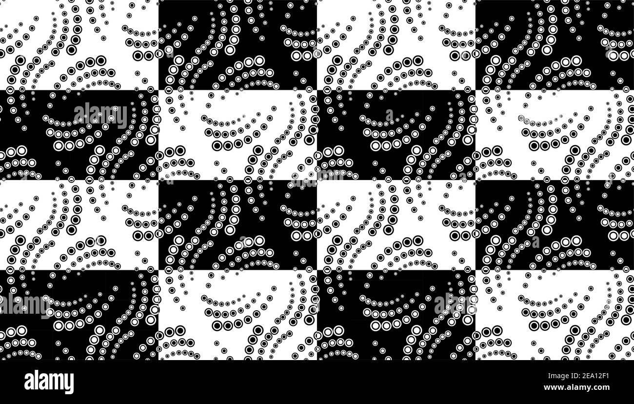 Seamless pattern with halftone dots in vortex form on checkered rectangles. Geometric art eps10 vector. Stock Vector