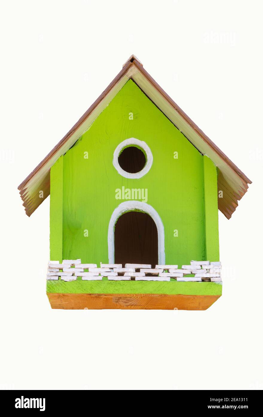 green wooden birdhouse isolated on white background. handmade bird house. Stock Photo