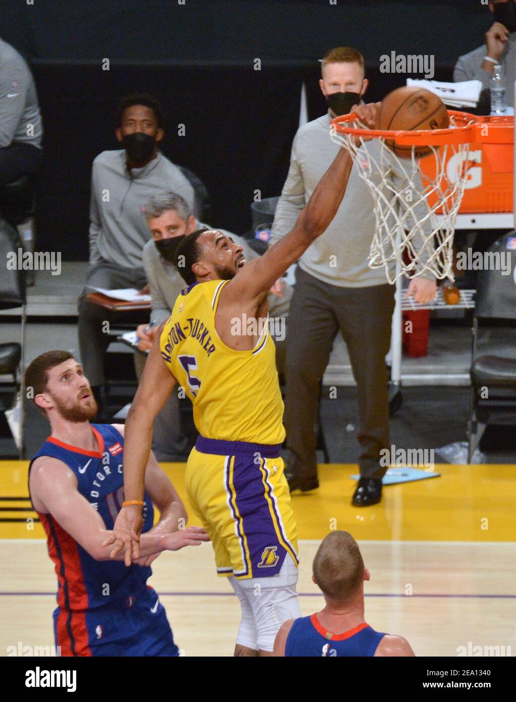 Los Angeles, United States. 6th Feb, 2021. Los Angeles Lakers' guard dunks on Detroit Pistons' guard Svi Mykhailiuk during the third quarter at Staples Center in Los Angeles on Saturday, February 6, 2021. The Lakers defeated the Pistons 135-129 in double-overtime. Photo by Jim Ruymen/UPI Credit: UPI/Alamy Live News Stock Photo