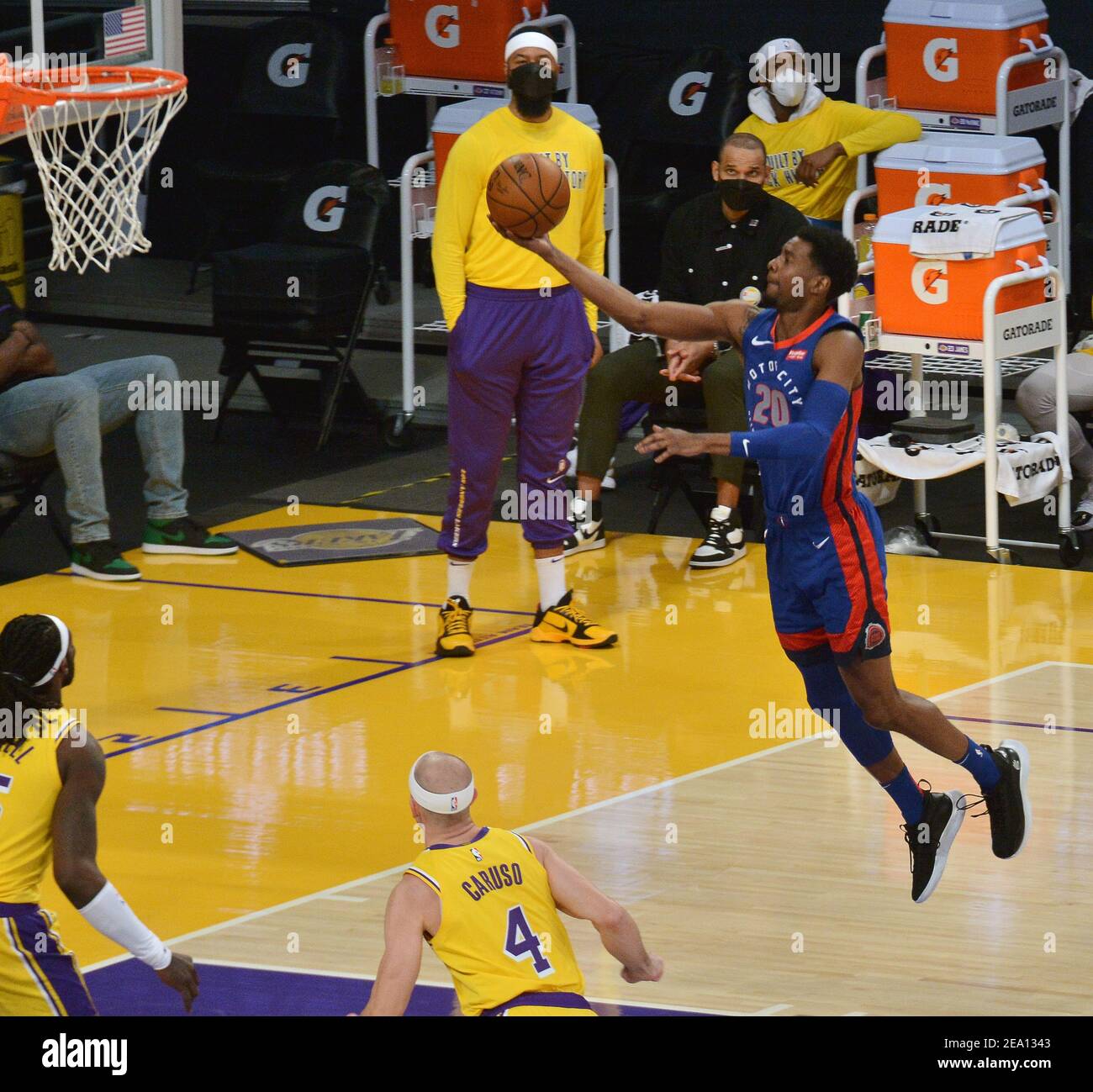 Los Angeles, United States. 6th Feb, 2021. Detroit Pistons' guard Josh Jackson scores n a layup against the Los Angeles Lakers during the third quarter at Staples Center in Los Angeles on Saturday, February 6, 2021. The Lakers defeated the Pistons 135-129 in double-overtime. Photo by Jim Ruymen/UPI Credit: UPI/Alamy Live News Stock Photo