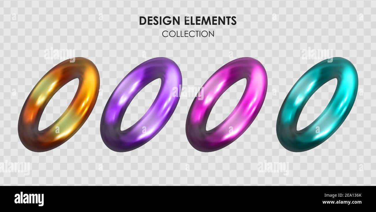 Collection set of realistic 3d render metallic color gradient geometric shapes objects elements for design isolated on transparent background. Vector Stock Vector