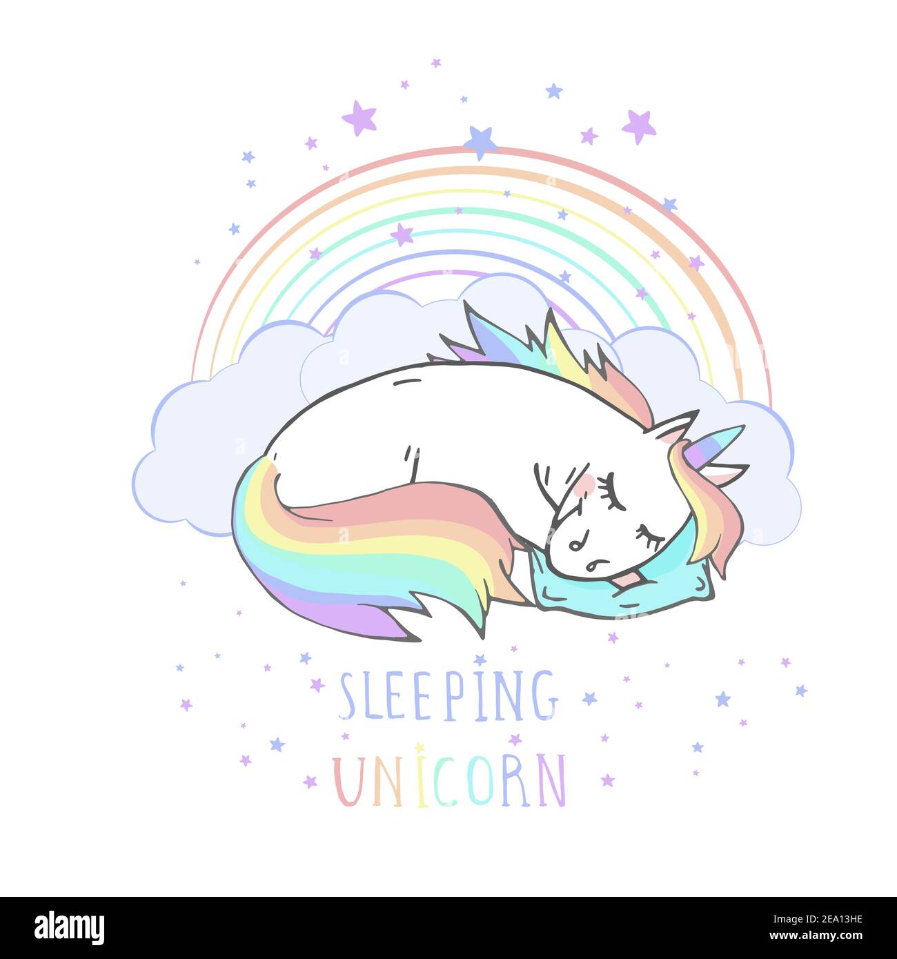 Vector illustration of hand drawn sleeping unicorn with rainbow and ...