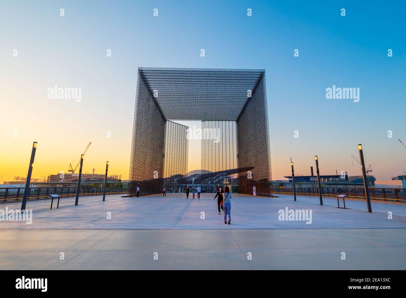 Dubai, United Arab Emirates - February 4, 2020: Entrance of Terra Sustainability Pavilion at the EXPO 2020 at sunset built for EXPO 2020 scheduled to Stock Photo