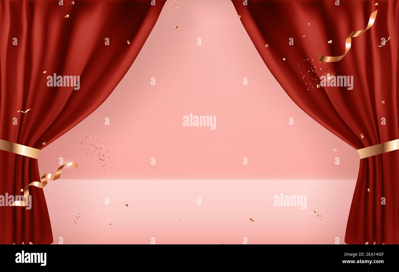 Realistic 3D open curtains background template. Vector Illustration Stock Vector