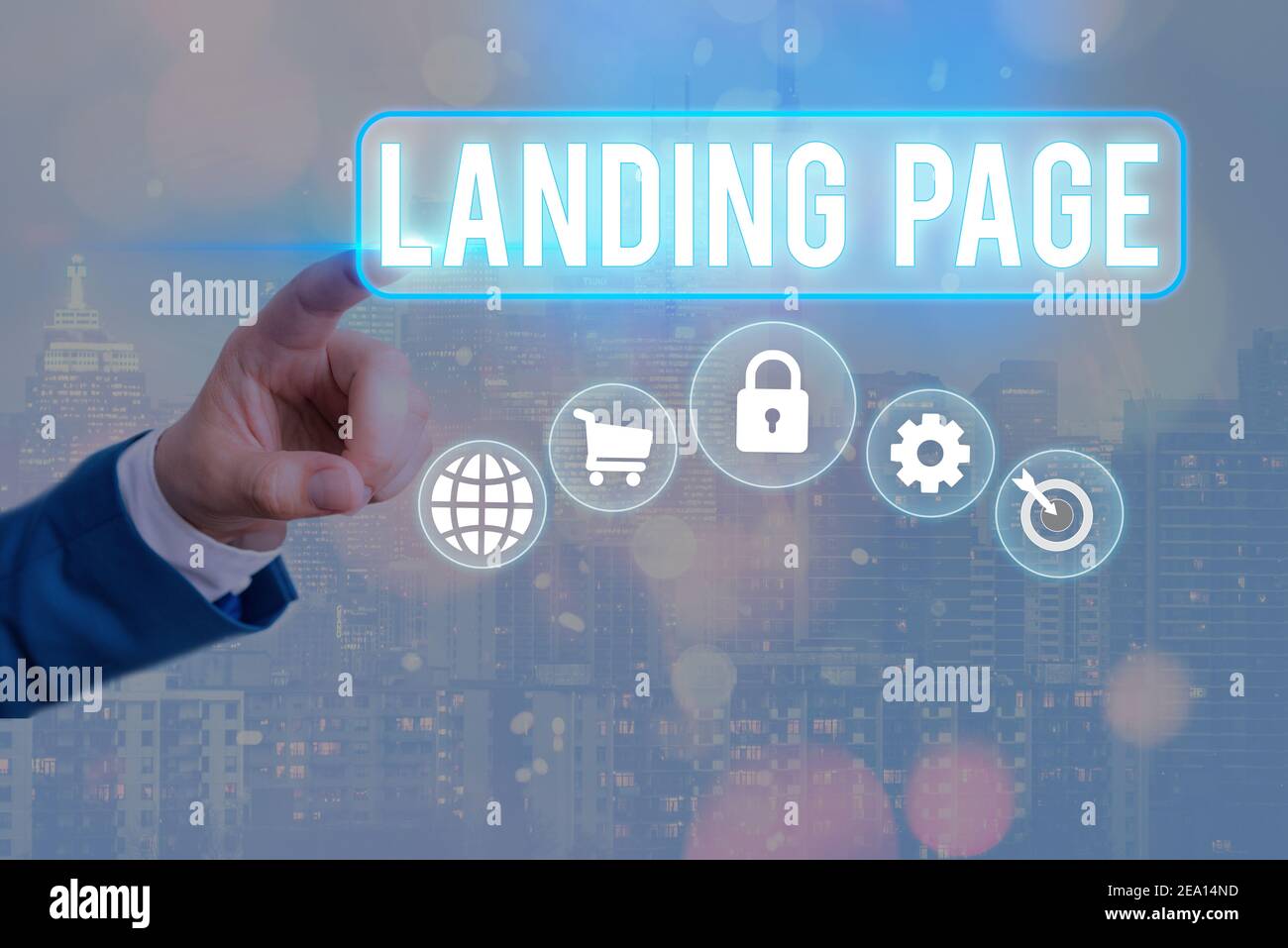 Conceptual hand writing showing Landing Page. Concept meaning Website accessed by clicking a link on another web page Information digital technology n Stock Photo