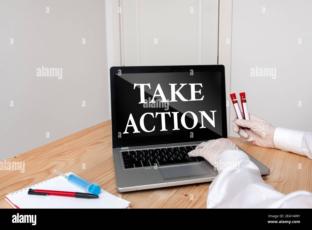 Writing note showing Take Action. Business concept for advices someone to do something or reaction right now Blood sample vial lastest technology read Stock Photo