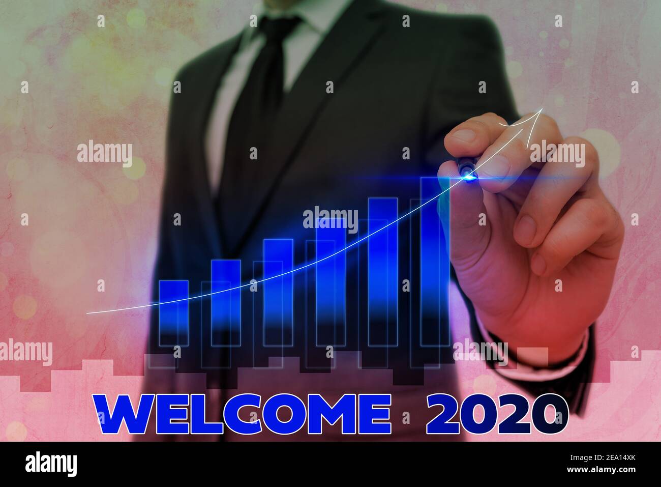 Conceptual hand writing showing Welcome 2020. Concept meaning New Year Celebration Motivation to Start Cheers Congratulations Arrow symbol going upwar Stock Photo