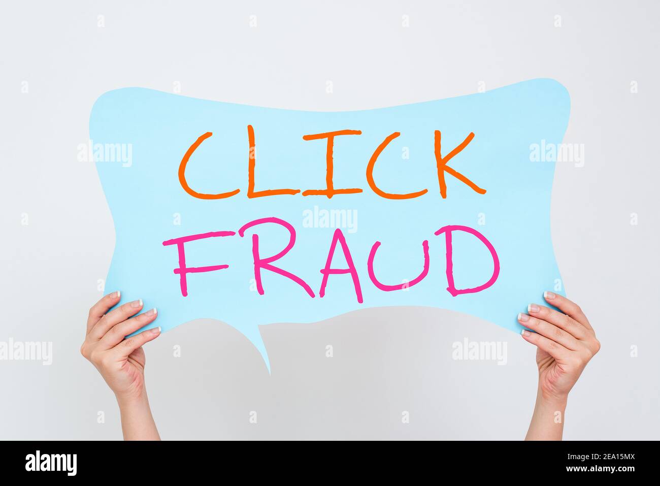 Conceptual hand writing showing Click Fraud. Concept meaning practice of repeatedly clicking on advertisement hosted website Empty bubble chat sticker Stock Photo
