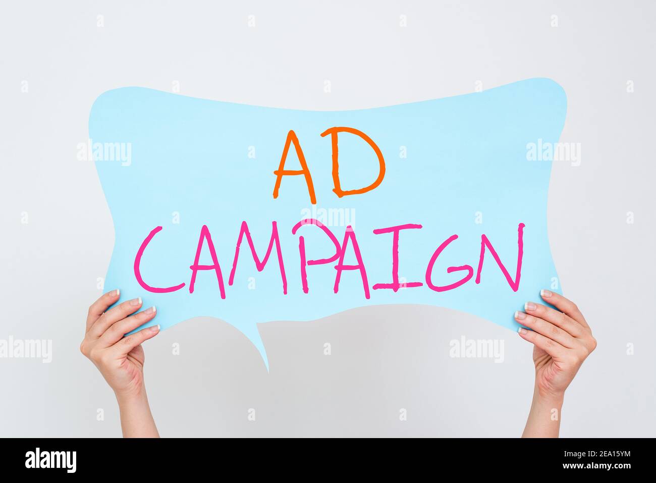 Conceptual hand writing showing Ad Campaign. Concept meaning promotion of specific product or service through internet Empty bubble chat sticker mock Stock Photo