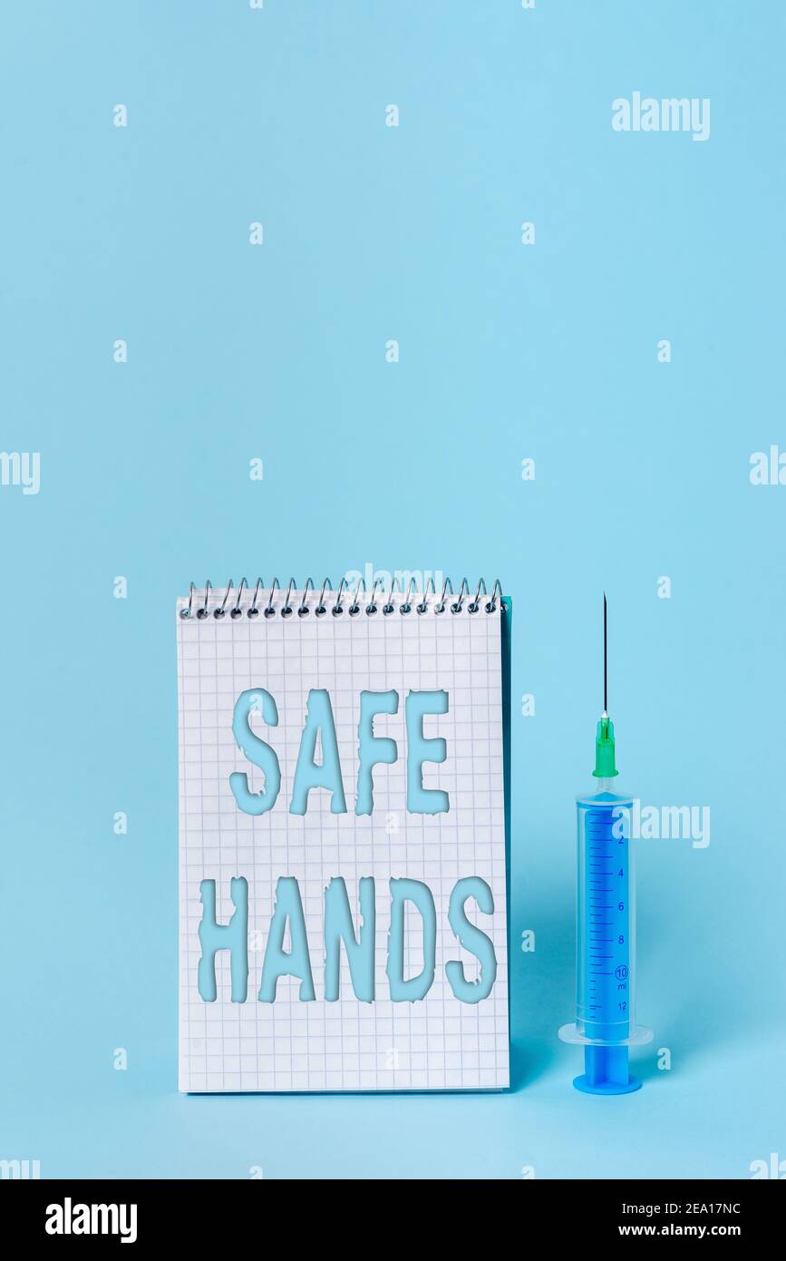 Writing note showing Safe Hands. Business concept for Ensuring the sterility and cleanliness of the hands for decontamination Set of medical equipment Stock Photo