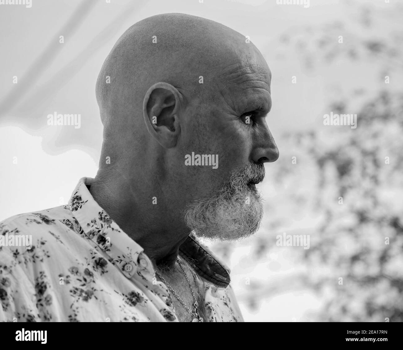 Dobrota, Montenegro, Apr 28, 2019: Portrait of a bald man with a gray beard (B/W) Stock Photo