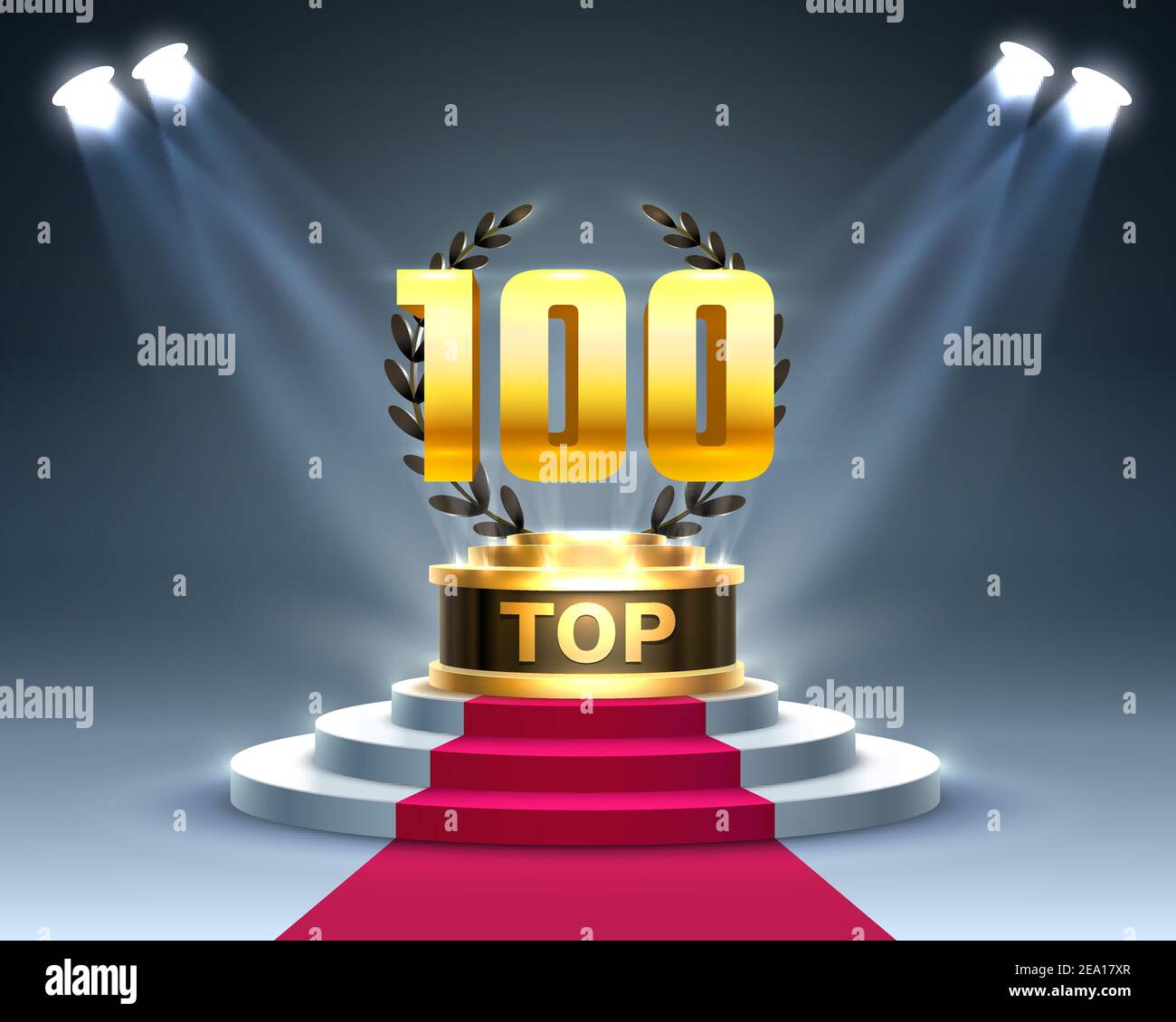 Top 100 best podium award sign, golden object. Vector illustration Stock Vector