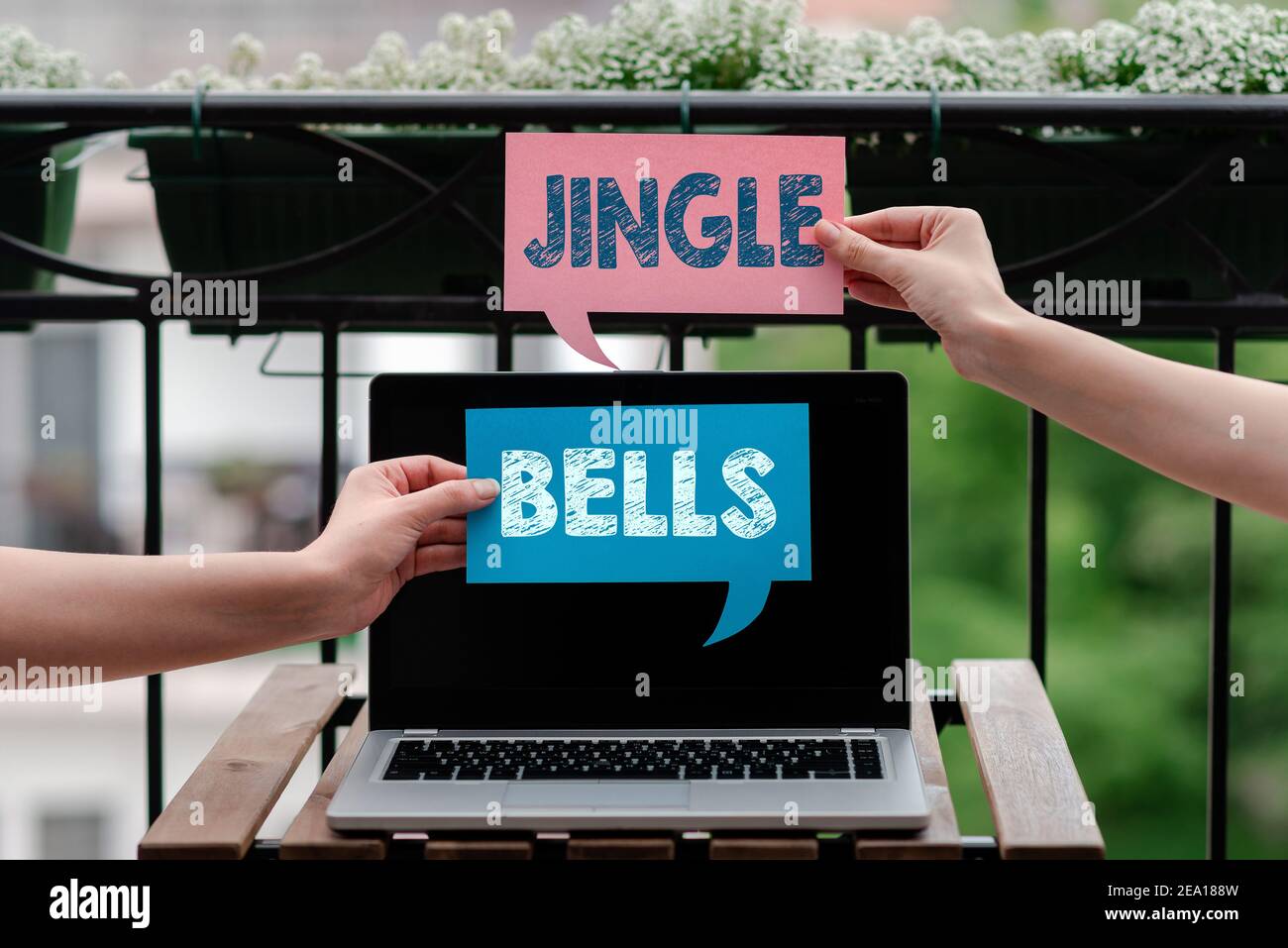 Writing note showing Jingle Bells. Business concept for Most famous traditional Christmas song all over the world Empty bubble chat sticker mock up em Stock Photo