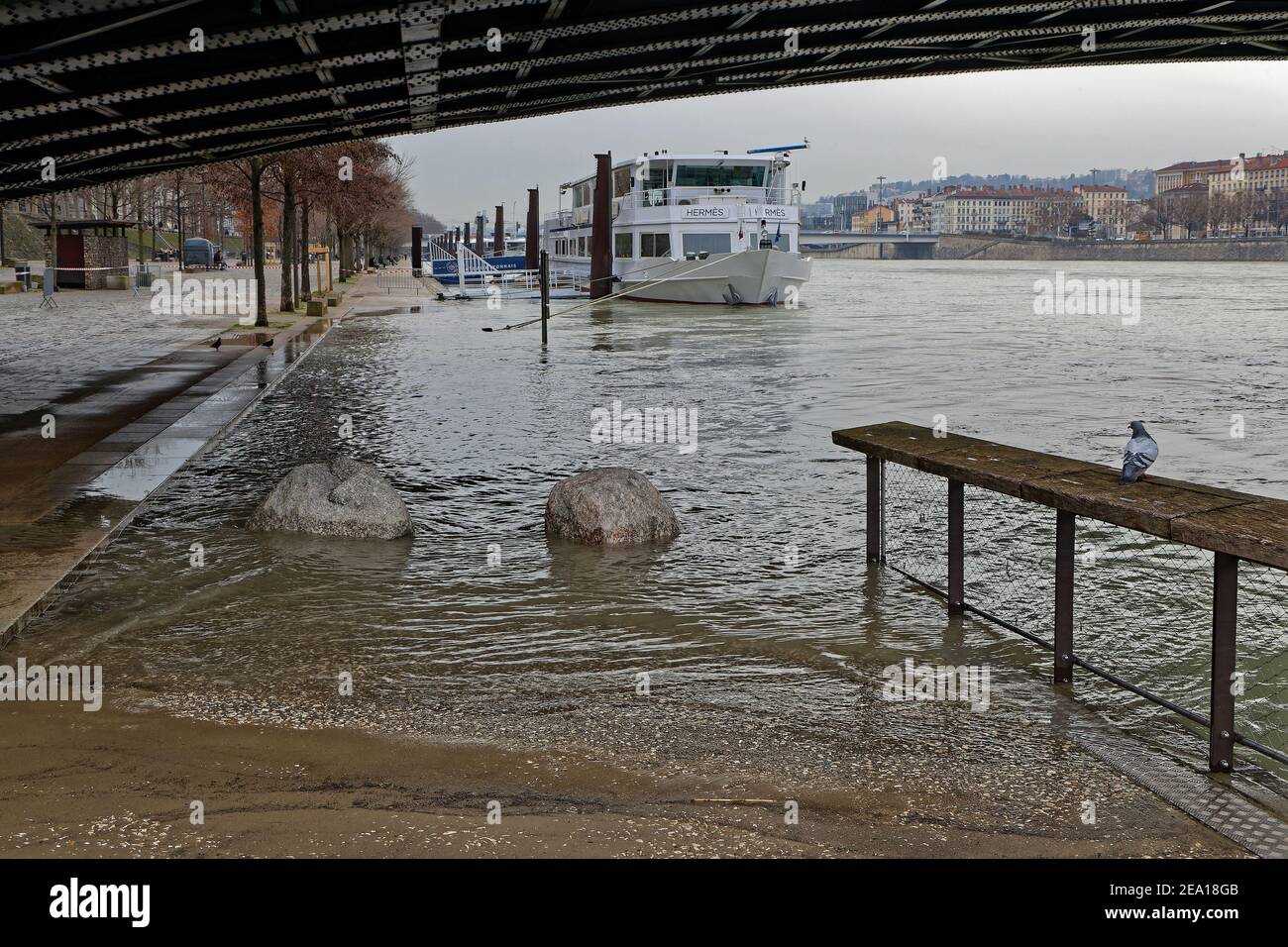 LYON, FRANCE, February 4, 2021 The waters of the Rhone flood the