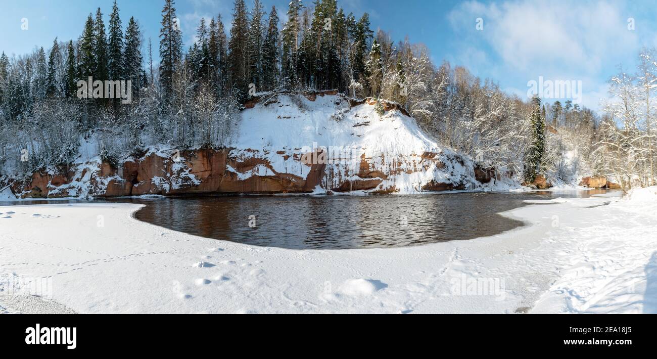 panoramic winter landscape with snowy sandstone cliff and frozen ice falls, slow river water, snowy trees on the river bank, Kuku cliffs, river Gauja, Stock Photo