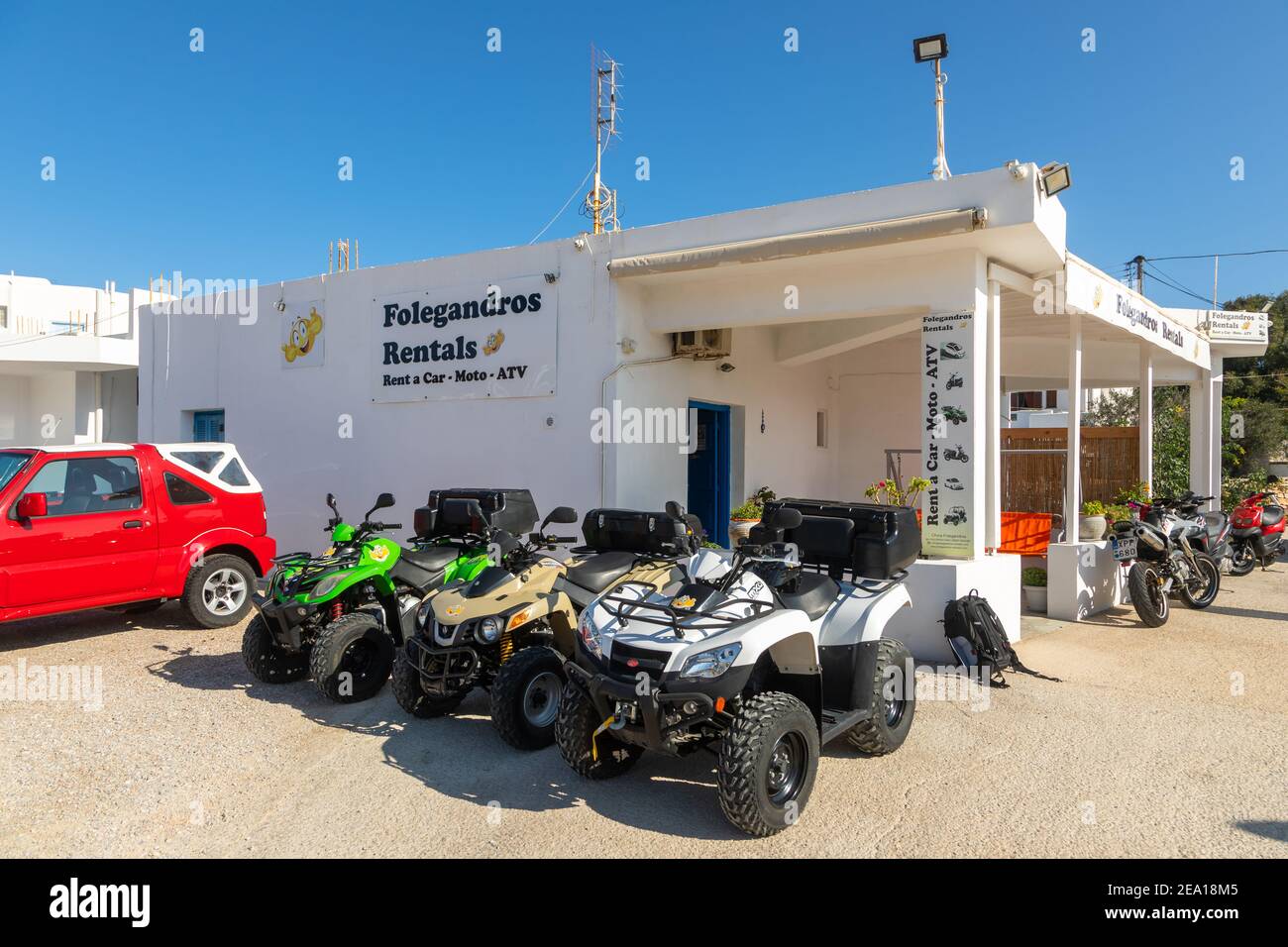 Folegandros Island, Chora, Greece - 25 September 2020: Quads and cars  parked in row on outdoor parking. Car rental Stock Photo - Alamy