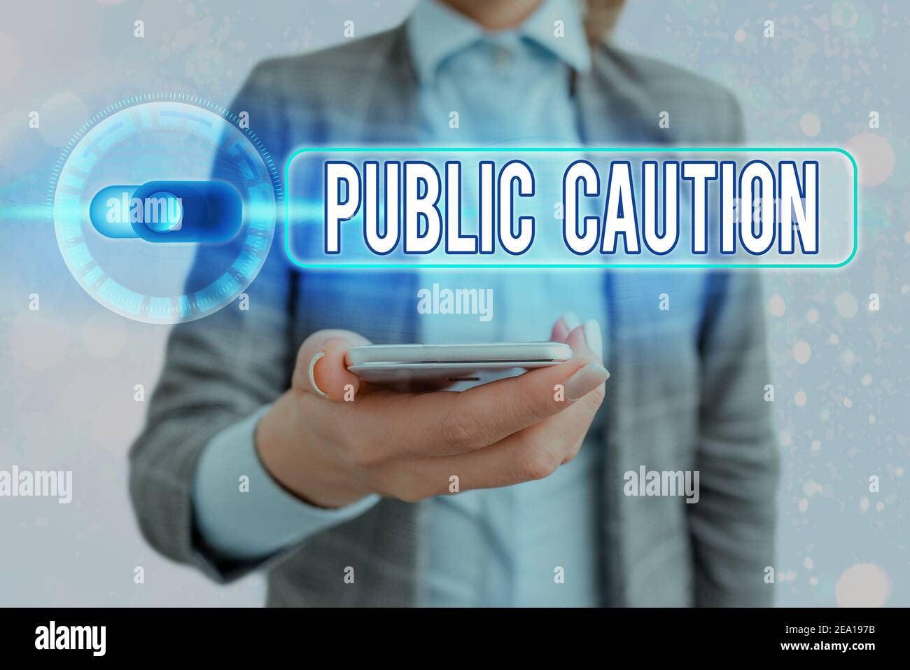 Text sign showing Public Caution. Business photo showcasing formal warning given to the public to express a potential risk Graphics padlock for web da Stock Photo