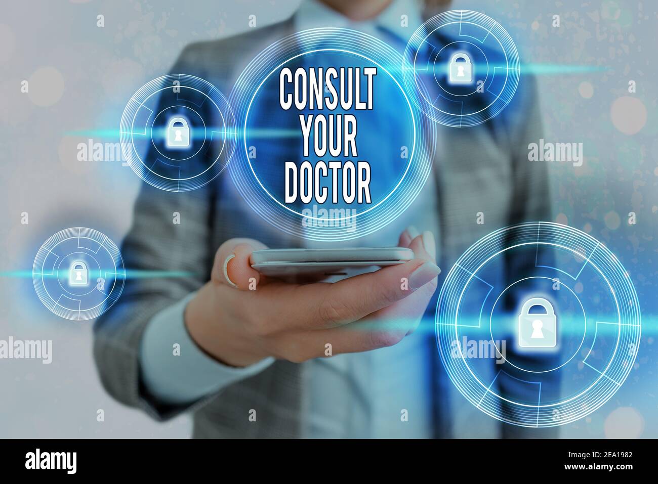 Text sign showing Consult Your Doctor. Business photo showcasing ask information or advice from a medical professional Graphics padlock for web data i Stock Photo