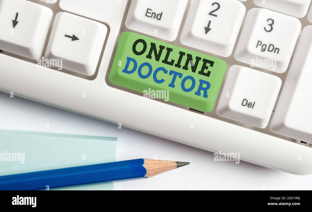 Word writing text Online Doctor. Business photo showcasing health practitioners who deliver healthcare over the internet Different colored keyboard ke Stock Photo