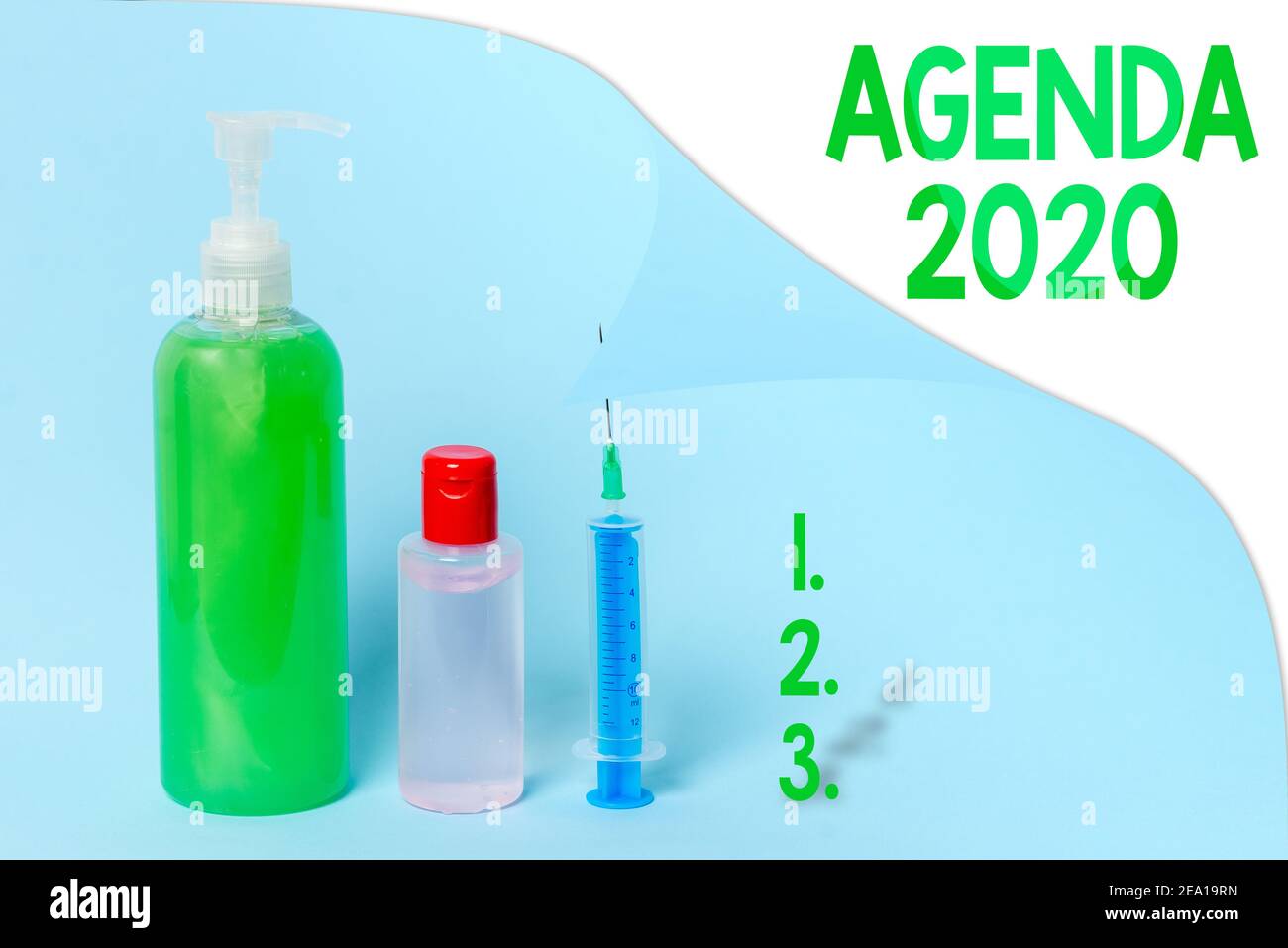 Writing note showing Agenda 2020. Business concept for list of activities in order which they are to be taken up Primary medical precautionary equipme Stock Photo