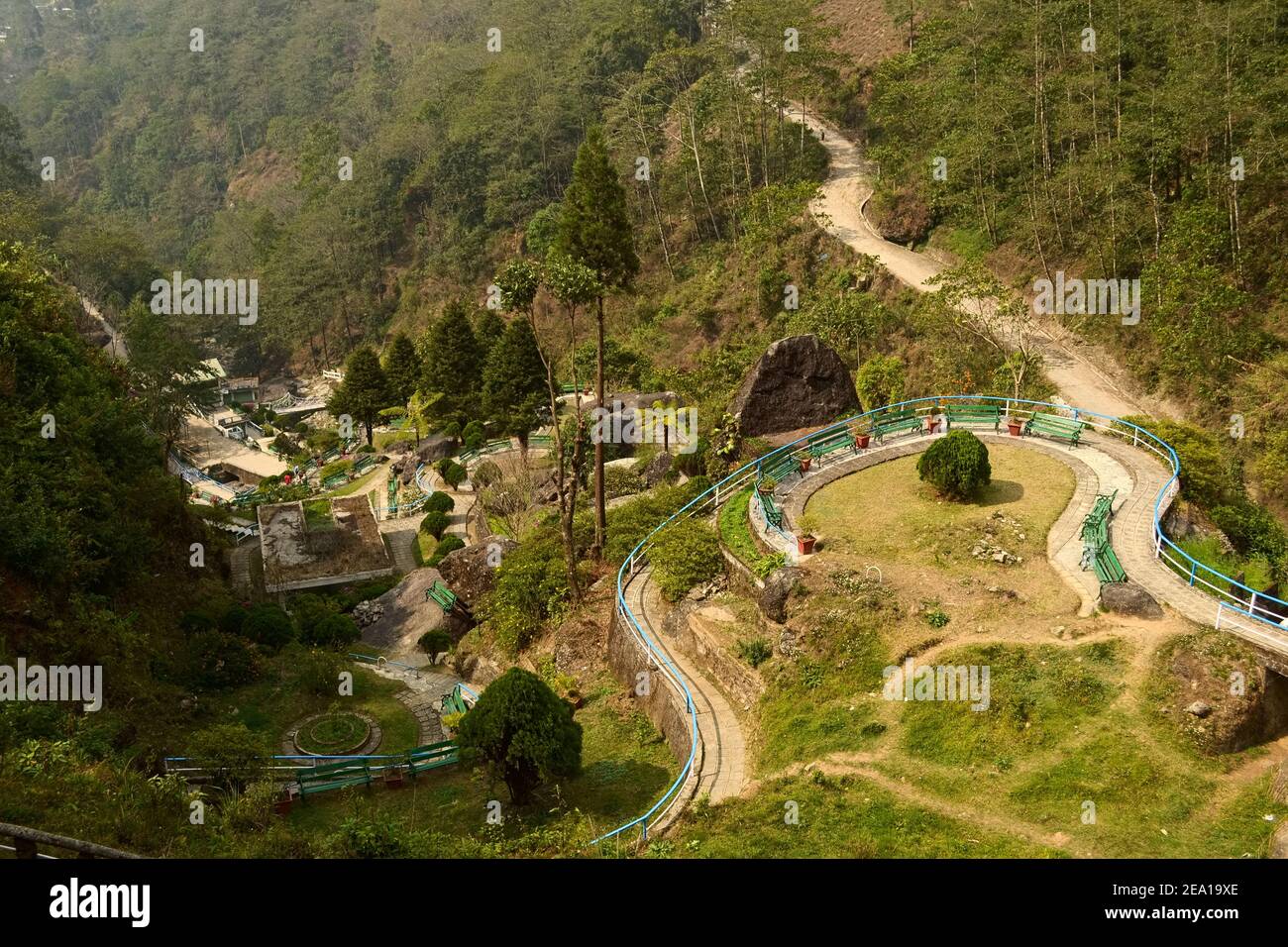 Top view of Barbotey Rock Garden in the mountains. Public natural park outdoors with curved walkways. Popular tourist attraction and indian landmark Stock Photo