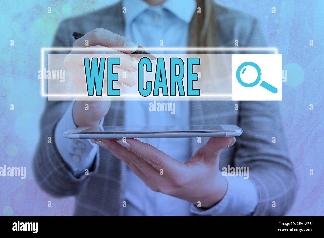 Text sign showing We Care. Business photo showcasing Cherishing someones life Giving care and providing their needs Web search digital information fut Stock Photo