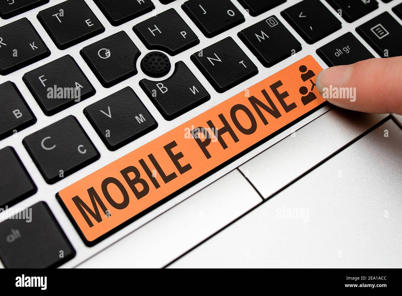 Text sign showing Mobile Phone. Business photo showcasing A handheld device used to send receive calls and messages Different Colored PC keyboard key Stock Photo