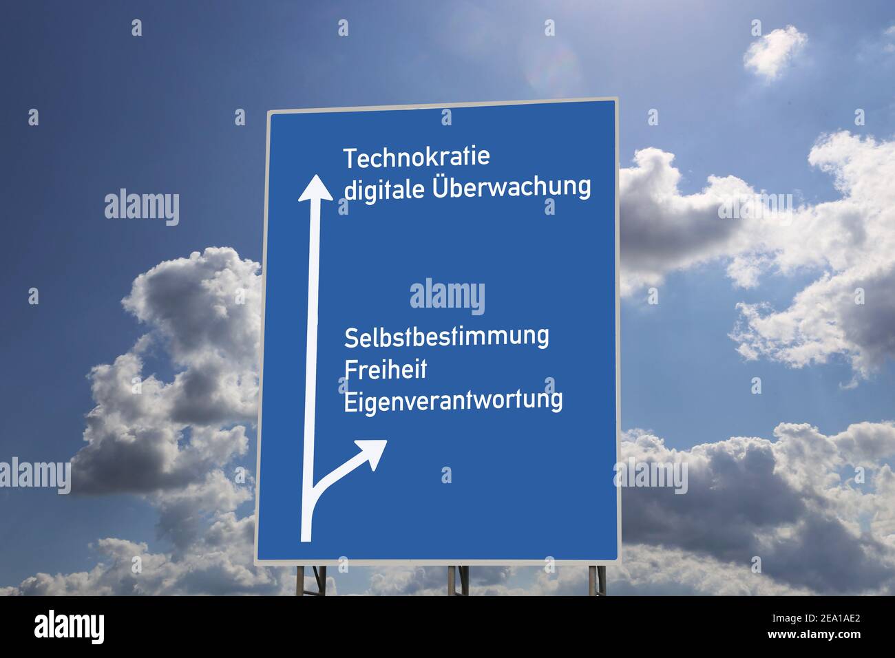 Symbol image: Highway sign (Germany) with the different targets (freedom, digital surveillance, etc.) Stock Photo