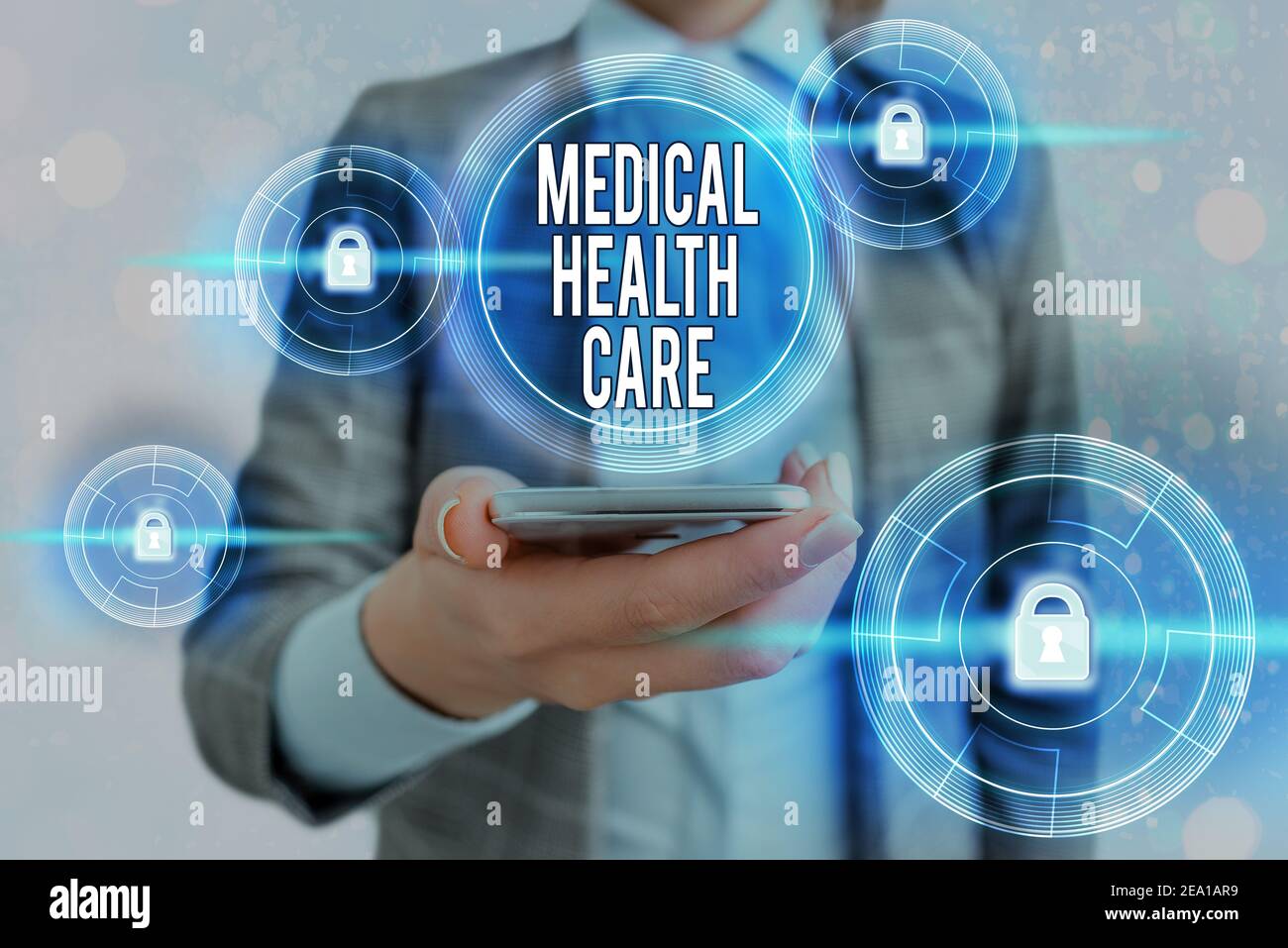 Text sign showing Medical Health Care. Business photo showcasing restoration of our physical and mental wellbeing Graphics padlock for web data inform Stock Photo