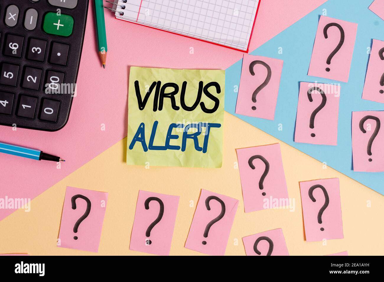 Text sign showing Virus Alert. Business photo text a quick to notice any unusual and potentially dangerous Mathematics stuff and writing equipment abo Stock Photo