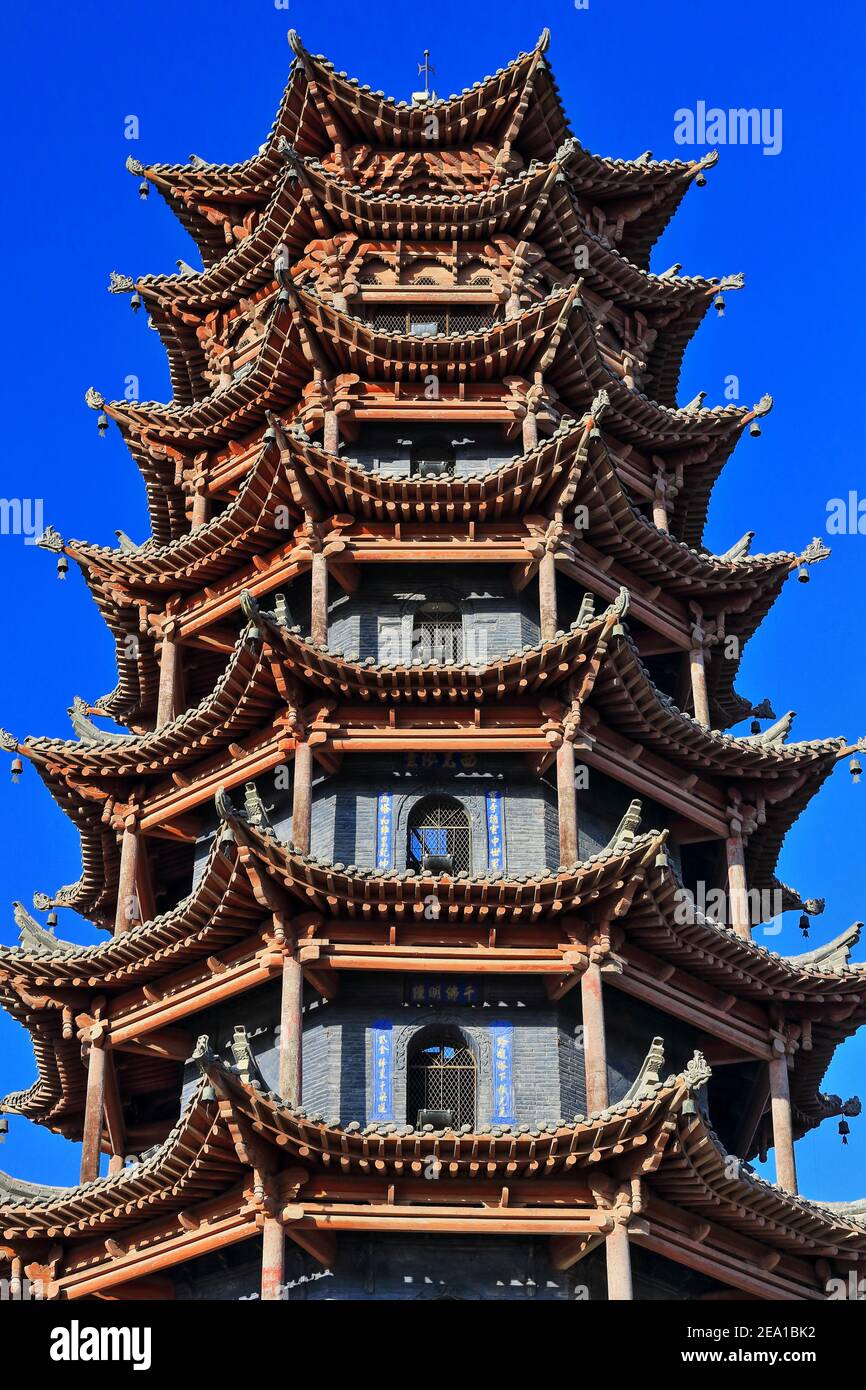 The 9 storey-32'8 ms.high-octagonal Wooden Pagoda or Muta Temple dating from AD 557-North Zhou Dynasty-rebuilt in AD 1926 nowadays houses the Folk Cus Stock Photo