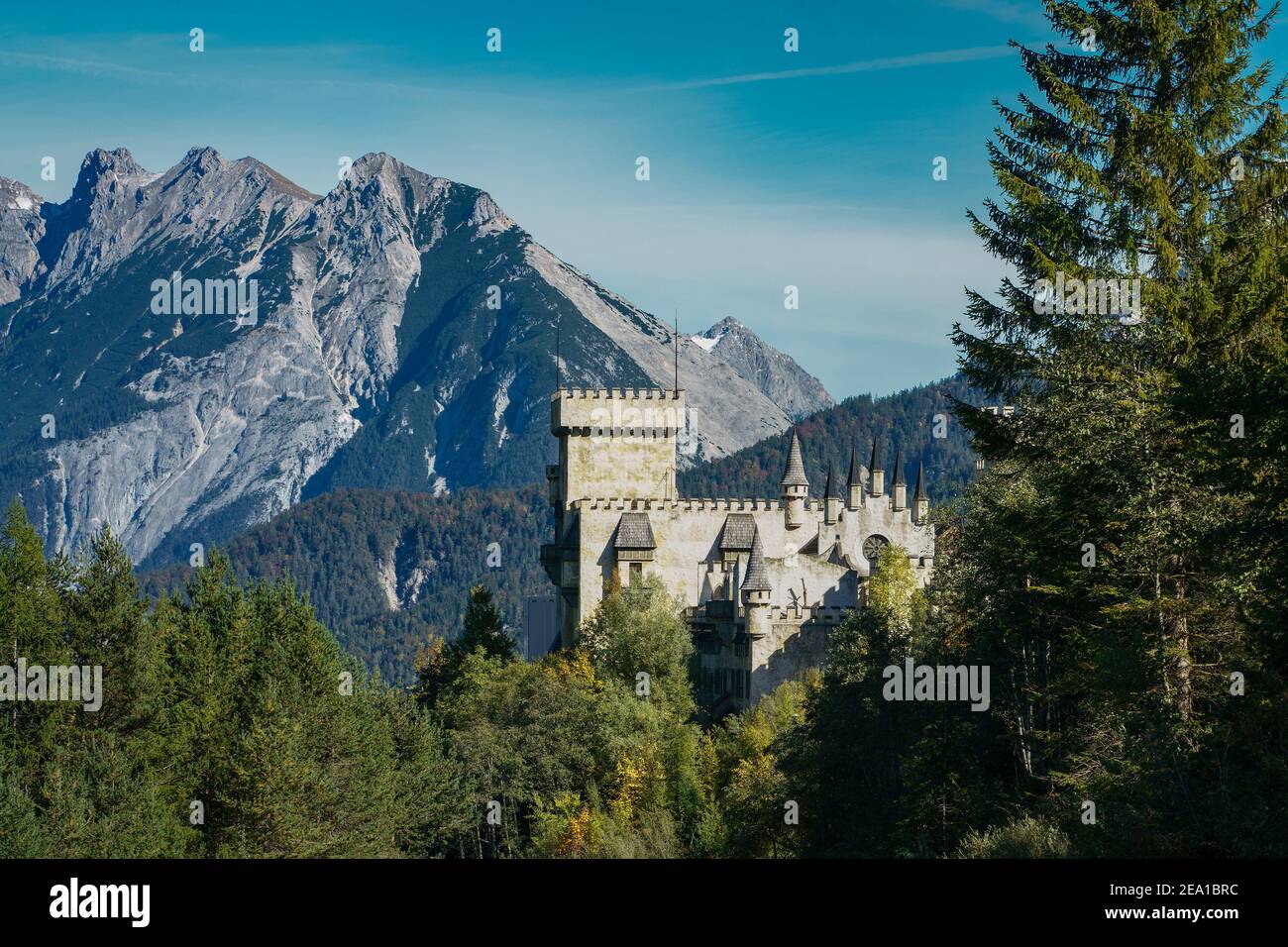 Seefeld, Austria- october 11, 2019: View the tyrolian alps panorama with magic castle Seefeld in Austria on a bright sunny day Stock Photo