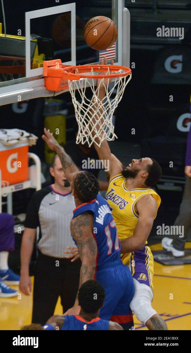 Los Angeles, United States. 06th Feb, 2021. Los Angeles Lakers' guard Talen Horton-Tucker scores on Detroit Pistons' guard Rodney McGruder during the third quarter at Staples Center in Los Angeles on Saturday, February 6, 2021. The Lakers defeated the Pistons 135-129 in double-overtime. Photo by Jim Ruymen/UPI Credit: UPI/Alamy Live News Stock Photo