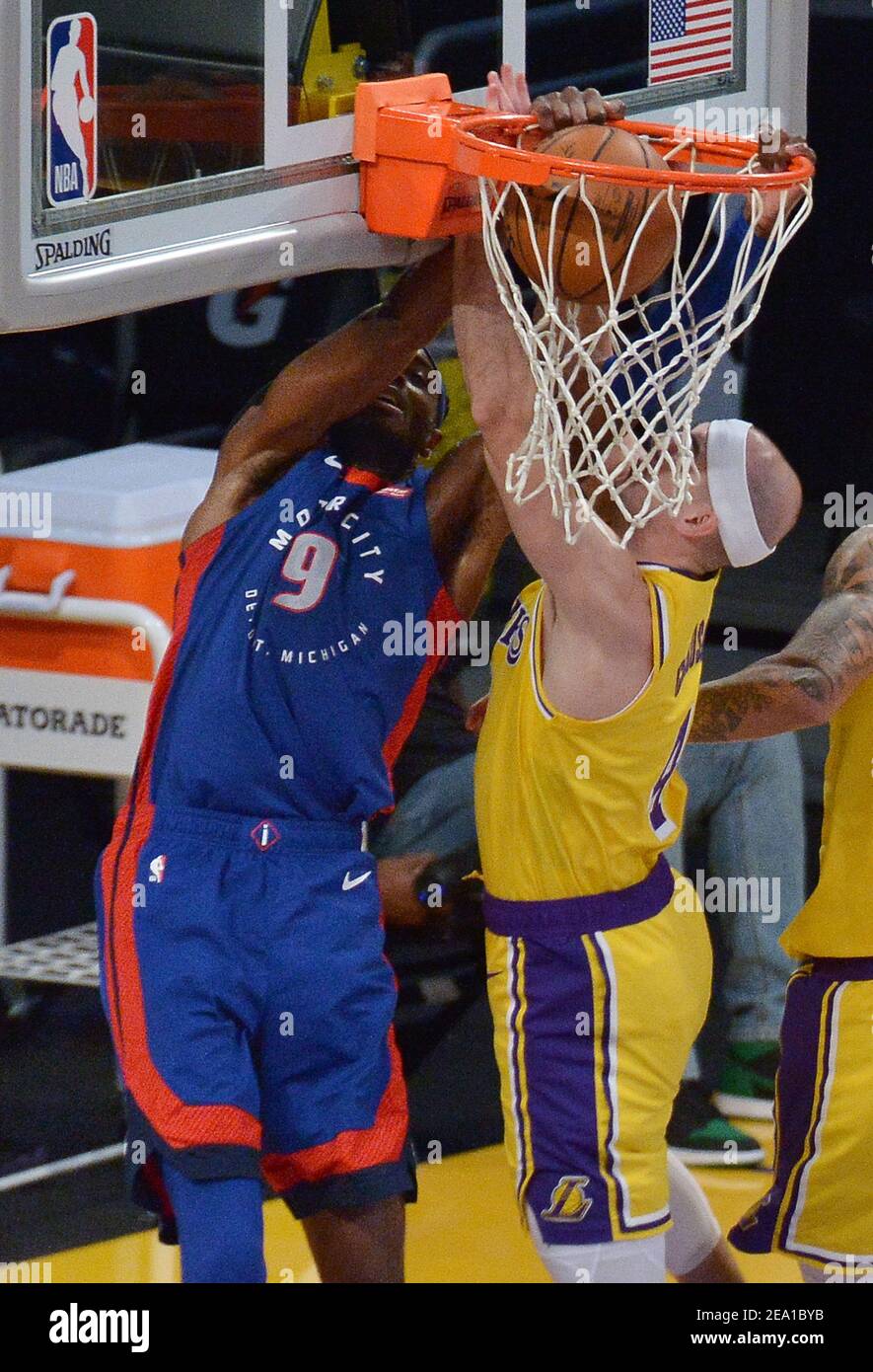 Los Angeles, United States. 06th Feb, 2021. Detroit Pistons' forward Jerami Grant jams over Los Angeles Lakers' guard Alex Caruso during the third quarter at Staples Center in Los Angeles on Saturday, February 6, 2021. The Lakers defeated the Pistons 135-129 in double-overtime. Photo by Jim Ruymen/UPI Credit: UPI/Alamy Live News Stock Photo