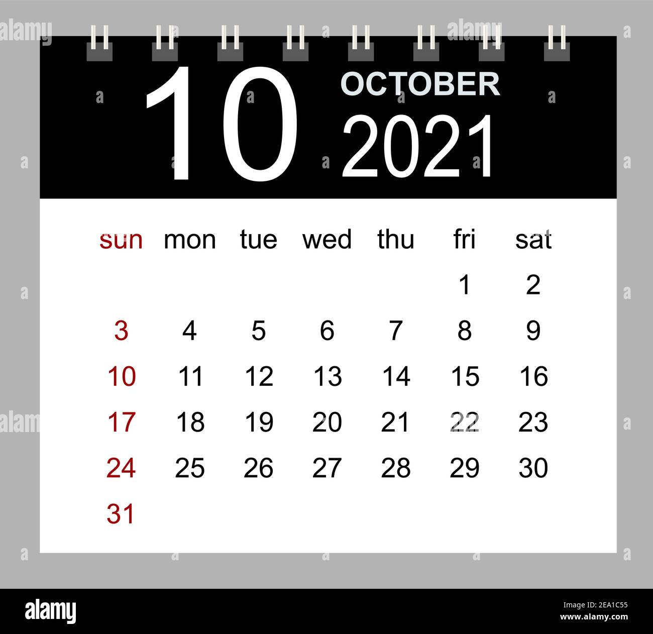 Template of calendar for October 2021. Week starts Sunday. Isolated vector illustration. Stock Vector