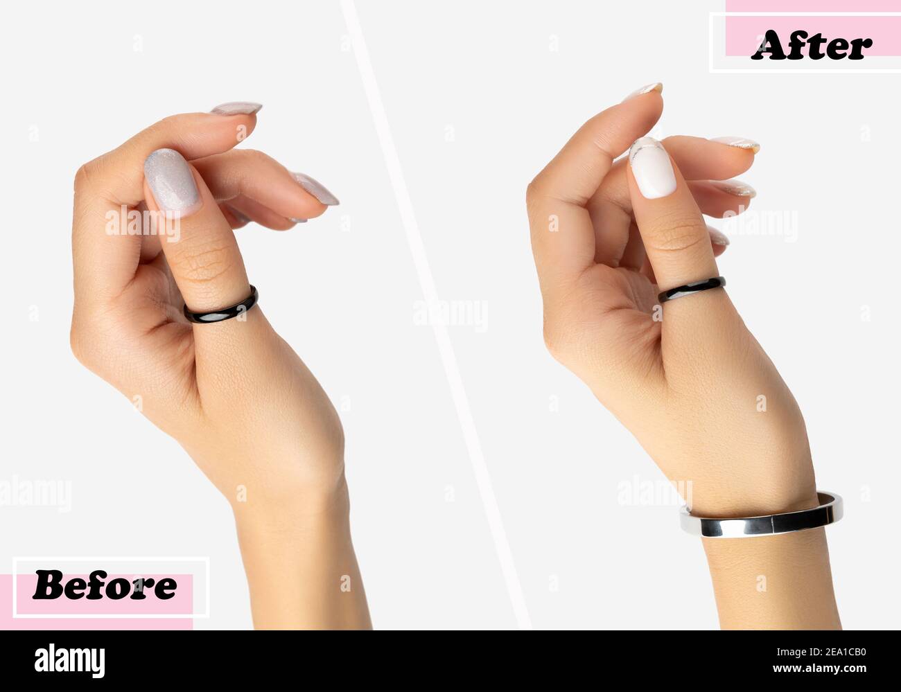Womans hands before and after manicure correction procedure Stock Photo