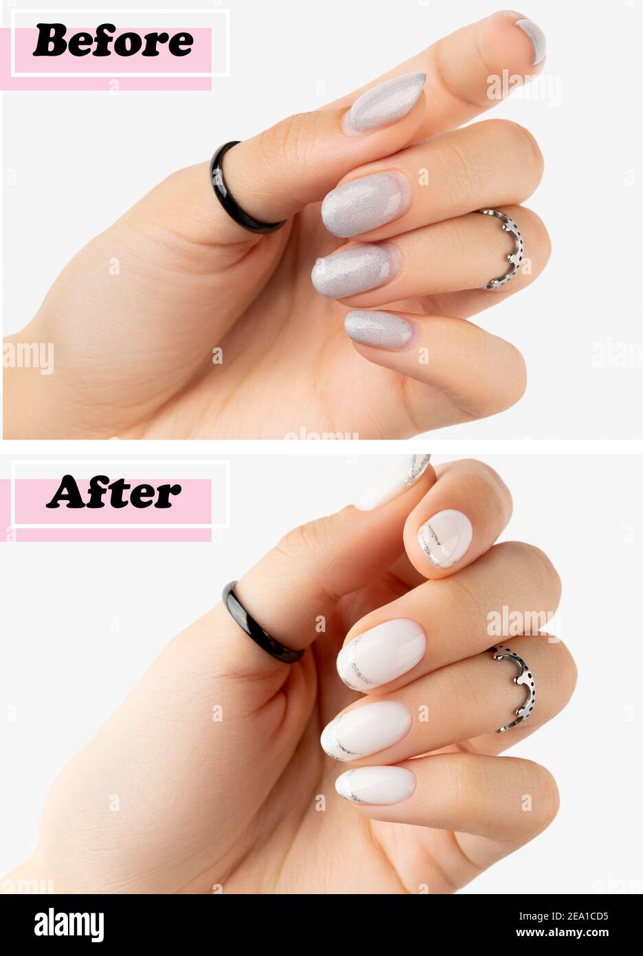Womans hands before and after manicure correction procedure Stock Photo