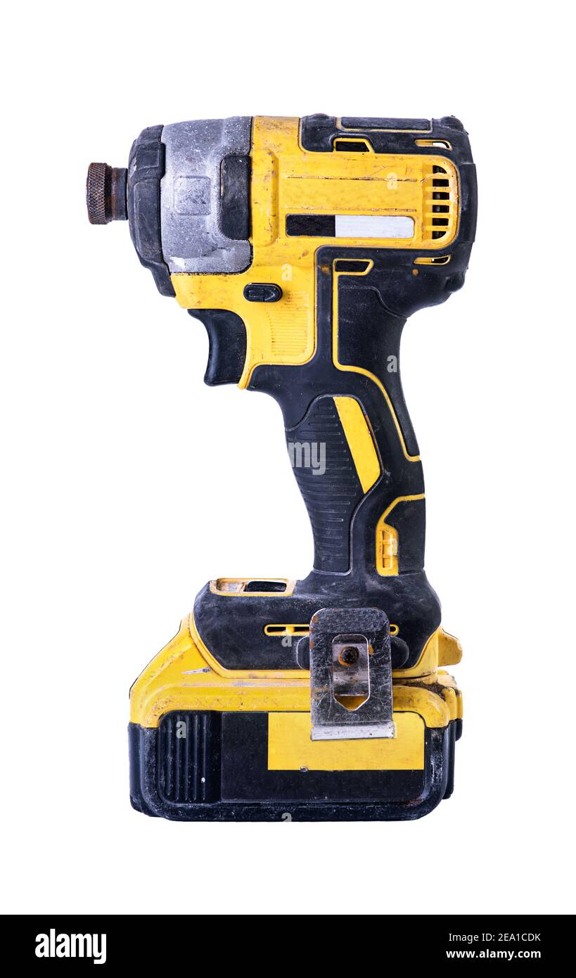 Cordless battery powered drill isolated on white background. Stock Photo